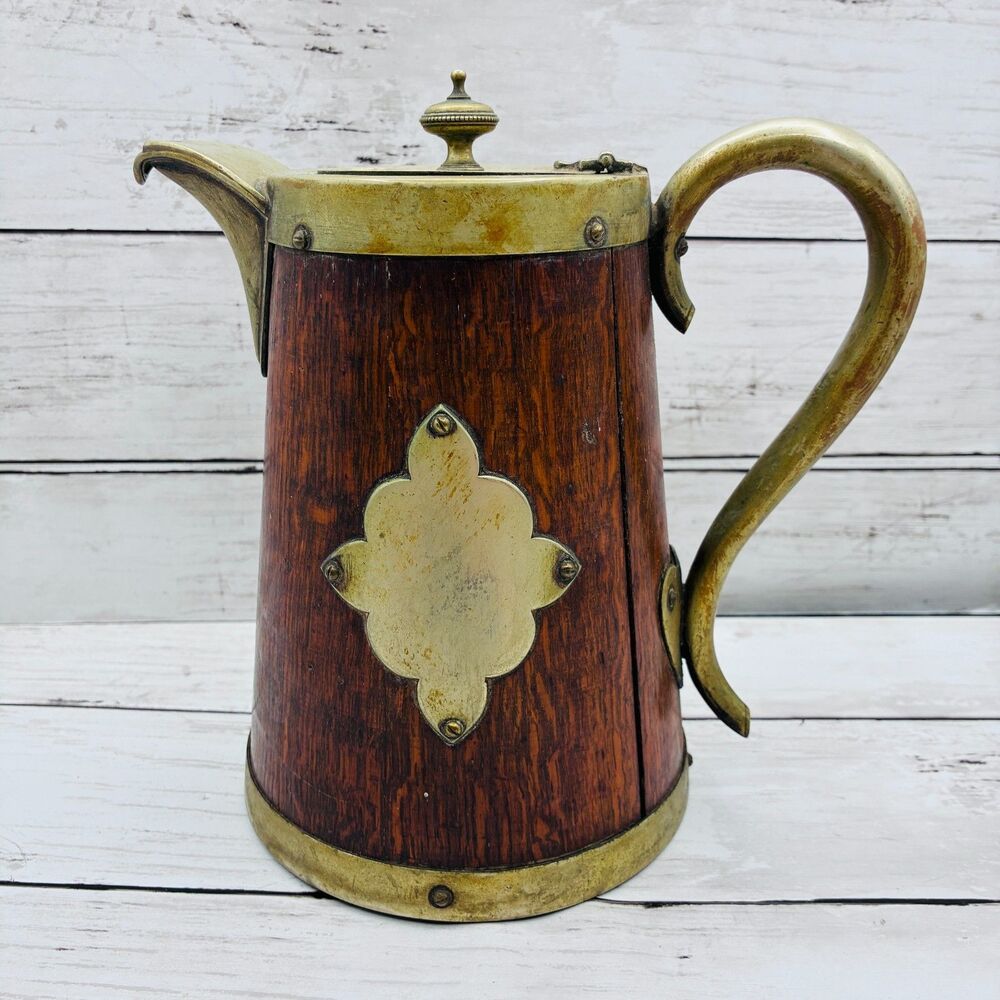 Antique Victorian Coopered Wood Stave & Brass Coffee Pot Ceramic Lined Hot Water